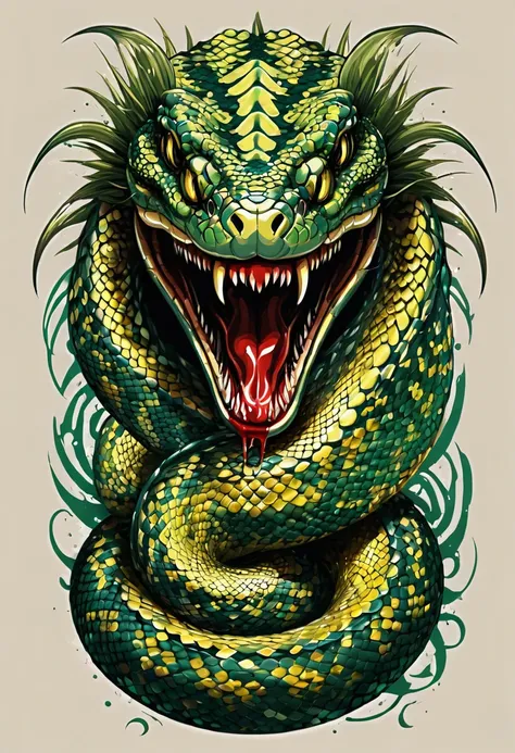 t-shirt designs. crie uma python inspirado na estética do heavy metal. the artwork features an elegant style, python dourado e v...