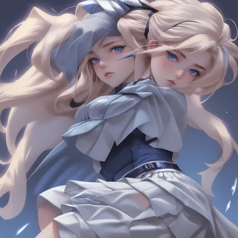 “Satellizer el Bridget from Freezing, a powerful and determined warrior with a commanding presence. She has long, flowing blonde hair that cascades down her back in waves, often tied back in a simple ribbon. Her eyes are a striking blue, reflecting her sto...