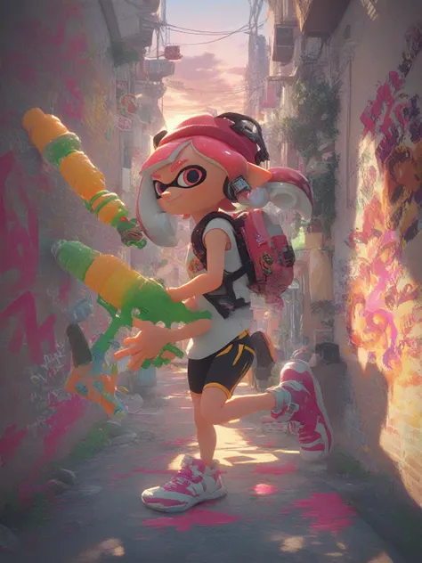 nsfw,score_9_up, score_8_up, 1girl, solo, splatoon inkling, tentacle hair, (holding toy gun, water gun), ink tank, backpack, urban alleyway, graffiti, amazing composition, incredible lighting, smiling, beautiful sunset, detailed background, 