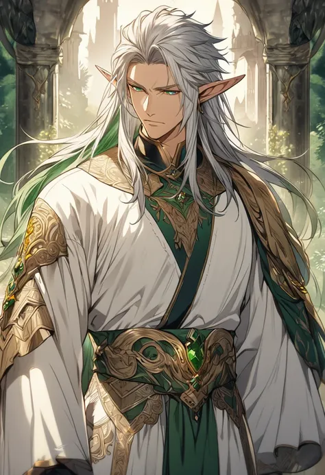 a highly detailed, anime-style illustration of a masculine 30-year-old elf with long, straight silver hair and striking emerald ...