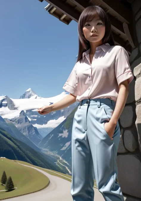 asian woman, full_body, standing, sandals, (shirt), pants, (swiss alps), (minitw: 1.3), perfect face, (contact iris: 1.1), pale ...