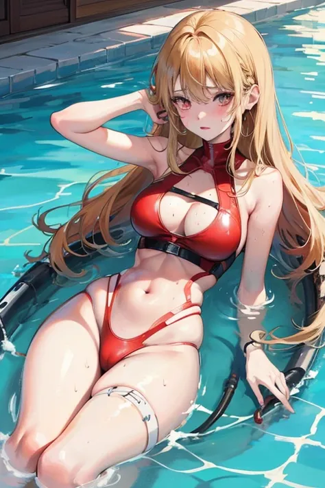 Hot anime girl swimming in pool,medium breast,big butt,sweaty,red swimsuit,red bikini,hot,blonde,bangs,hourglass waist