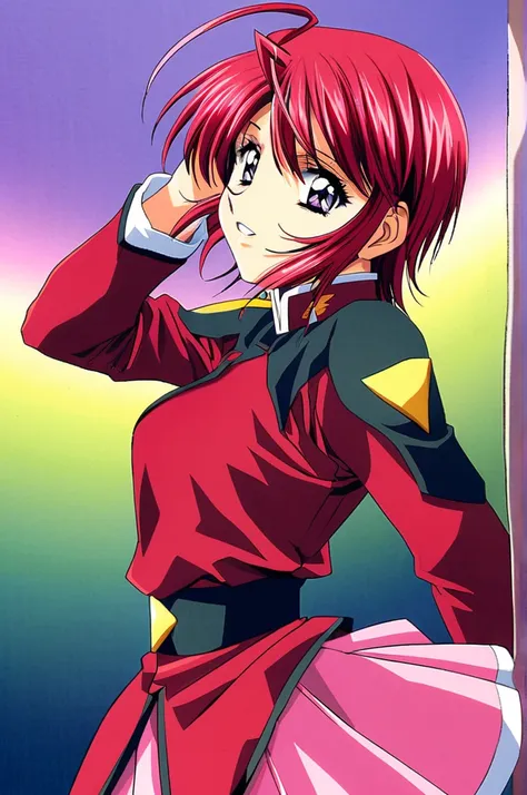 Lunamaria Hawke,1girl,solo,uniform,pink skirt,short hair,military uniform,military,skirt,long sleeves,ahoge,belt,purple eyes,pink hair,red hair,blue eyes,parted lips,looking at viewer,salute,light smile,1990s (style),retro artstyle,