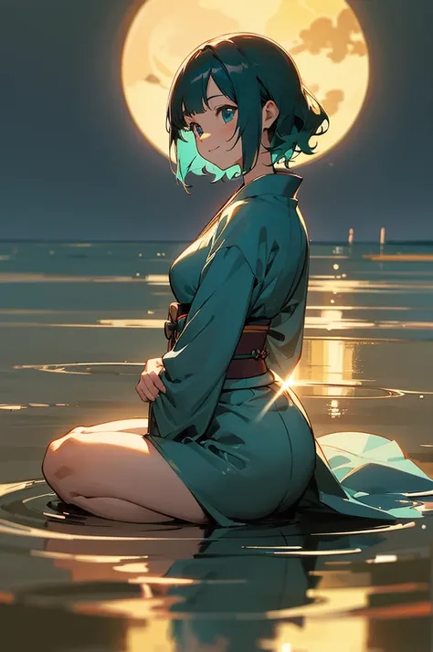 masterpiece, best quality, ultra detailed, outdoors, nature,shore, {simple background},reflective water, a girl, samurai, happy, smiling, sitting on the floor, looking away,medium hair, curly, aqua hair, odd eyes, droopy eyes, pale skin, beautiful breasts,...