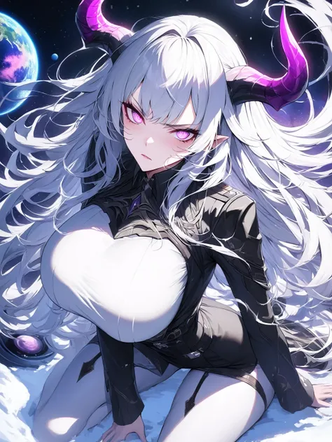 Masterpiece, very detailed, ultra detailed, one, (1 woman), she is in an ancient black futuristic military uniform, and in an full position, long hair, bright white hair, snow-white hair and hair on the sides, white demonic horns, beautiful, charming, brig...