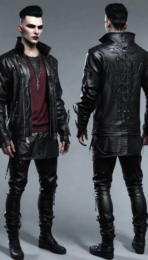 create a full body mans character and clothing items from vampire clans in modern times and create modern and cyberpunk fashion....