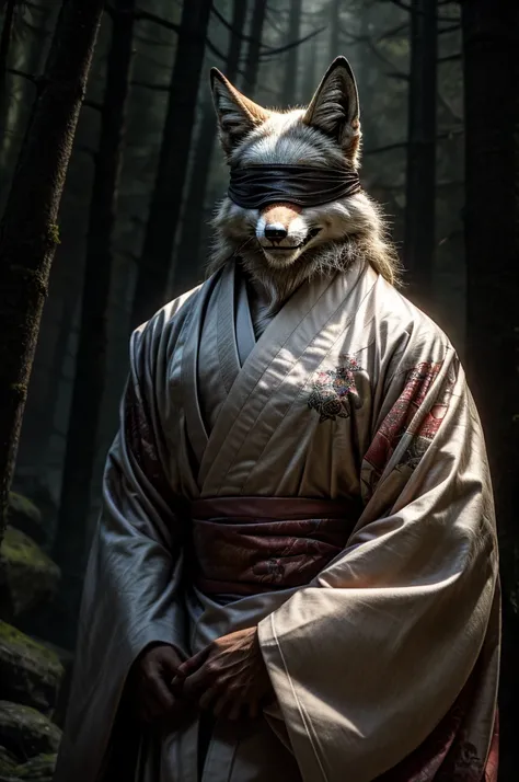 white fox, red tattoo, male, all body, realistic, kimono, elderly, smile, japanese forest, dark forest, spooky atmosphere, Blindfolded with white cloth, 