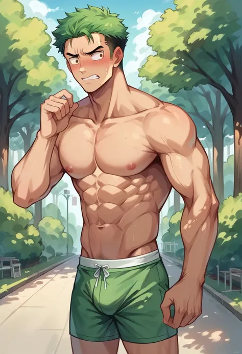 Roronoa Zoro semi naked in boxers blushing, embarrassed in a park