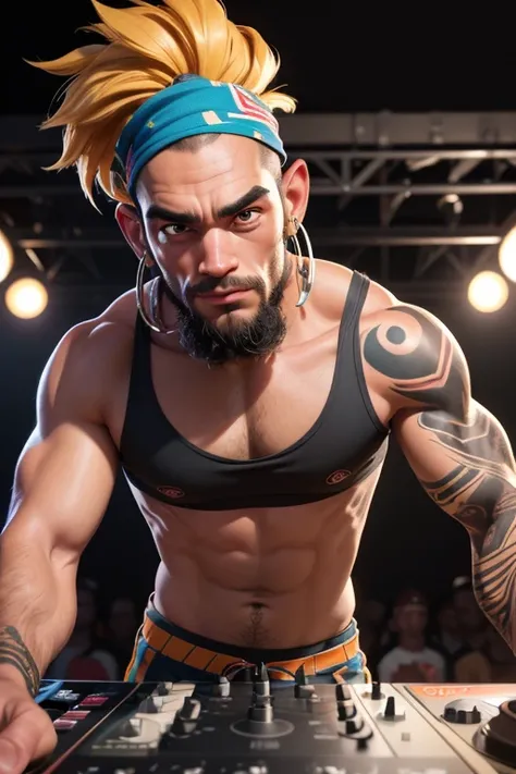 (Highly detailed CG Unity 8k wallpaper), The most beautiful works of art in the world, A man wearing a bandana is playing a game, Lots of tattoos,Turntablist, portrait of lucha libre DJ, turntablism DJ scratching, ,((Highly detailed skin and facial texture...