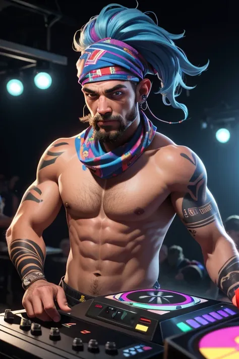 (Highly detailed CG Unity 8k wallpaper), The most beautiful works of art in the world, A man wearing a bandana is playing a game, Lots of tattoos,Turntablist, portrait of lucha libre DJ, turntablism DJ scratching, ,((Highly detailed skin and facial texture...