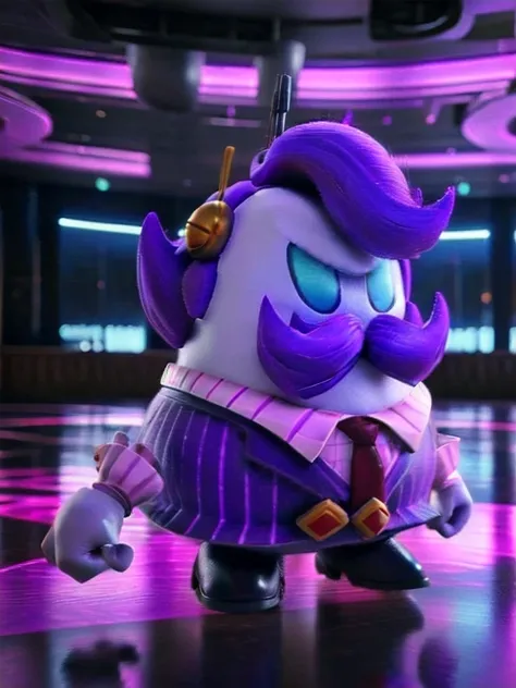 haltmann, front view, purple hair, purple mustache, arms and hands, dressed in a dark blue suit with pink vertical lining, pink ...