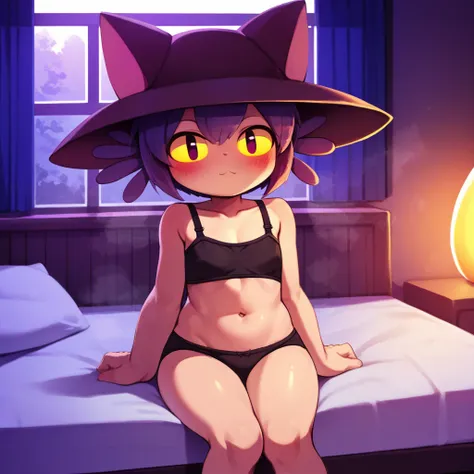 1girl,solo,niko \(oneshot\),slit pupils,yellow sclera,cat hat, black underwear, black bra, looking at viewer,horny, blush, fog, ...