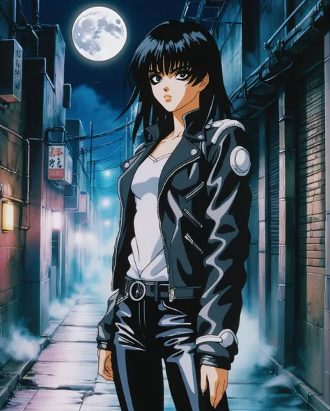 anime illustration of an anime girl Masterpiece, photorealistic, highly detailed, a young woman with smooth  dark long black hair with bangs and black eyes and black lips, wearing leather jacket and leather pants, standing, looking at camera, in a gloomy s...