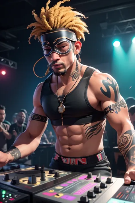 (Highly detailed CG Unity 8k wallpaper), The most beautiful works of art in the world, A blindfolded man is playing a game, Lots of tattoos,(Holding a cigarette),Large crowd in the background,Party Time,Turntablist, portrait of lucha libre DJ, turntablism ...