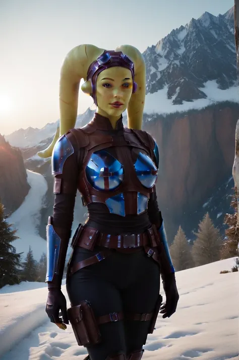 a ((fall body)) hera syndulla 
 ((female twilek ))mandalorian,walking on snow fire, beautiful detailed eyes, beautiful detailed lips, extremely detailed face, long eyelashes, mandalorian armor, sci-fi, cinematic lighting, dramatic, epic, intricate details,...