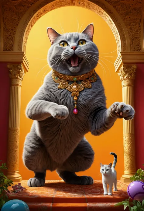 (Giant Cat, exaggerate Giant), from below, in the style of playful cartoon illustration, realistic and hyper-detailed rendering, interactive media, realistic, detailed rendering, joyful chaos, full body, award-winning, cinematic still, emotional, vignette,...