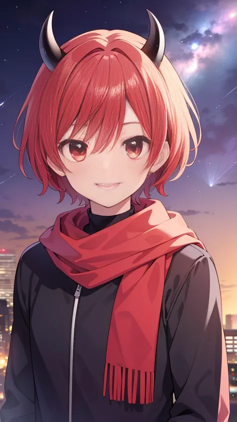 (Highest quality), (masterpiece), 1080P, High resolution, 4K, 8k, boy, Red hair, Red Eye, short hair, devil, black Parker, Upper Body, Lock, Night Sky, Starry Sky, shooting star, sniper rifle, smile, scarf, devil horns, hood up