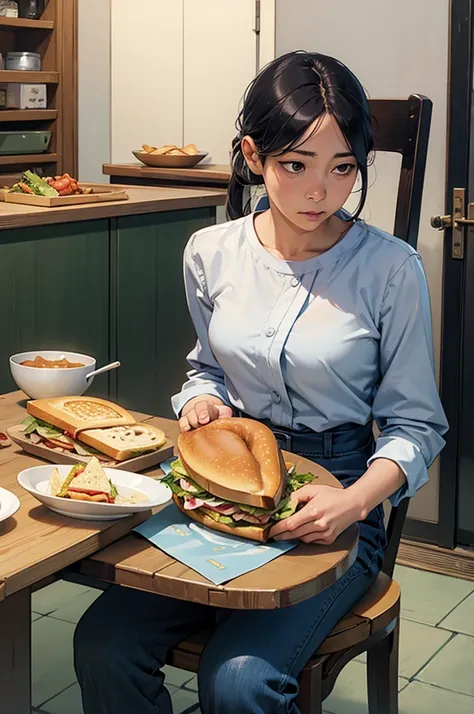 There was a woman sitting at the table eating a sandwich., By Fujiwara Nobusane, By Tadashi Nakayama, By Eizan It&#39;s a gift., Eiko Ishioka, By Torii Kiyomoto, By Yukihiko Yasuda, Another Iwakura, Rinko Kawai, By Kobayashi Kiyoshika