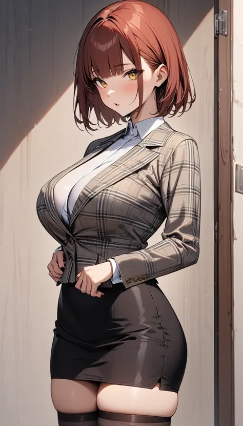 masterpiece, best quality, 1girl, solo, adult, short hair, blunt bangs, brown hair, red hair, yellow eyes, cropped white plaid blazer, long sleeves, black pencil skirt, gray boots thighhighs, large breasts