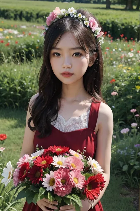 There was a  in a red and white dress holding a bouquet of flowers., girl in flowers, flower picking, holding flowers, pick up flowers, The girl stands in a field of flowers., The girl stands in a field of flowers., flowers on heir cheeks, Girl in a field ...