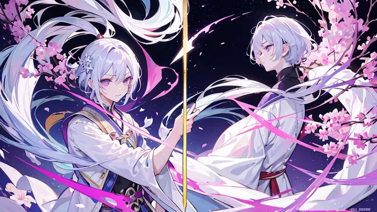 A Chinese boy who has a white hair and holding a sword wearing a white kimono with long long sleeps his kimono has a Persian painting patron and its shiny behind him is a wall its like a rock wall half top of the painting is surrounded by white pink purple...