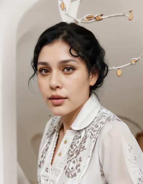 a woman with neat, finely detailed slightly curly black hair and almond-shaped eyes. She wore a white blouse with a traditional, realistic and highly detailed patterned collar