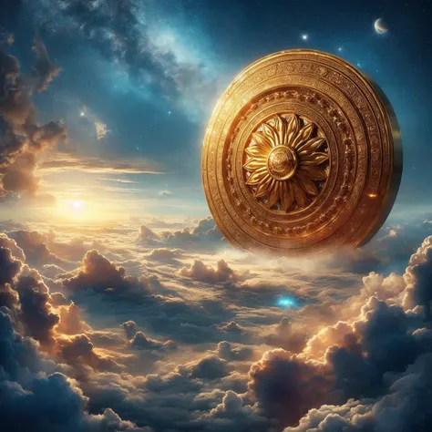 Ornate golden wheel , cloud background , realistically