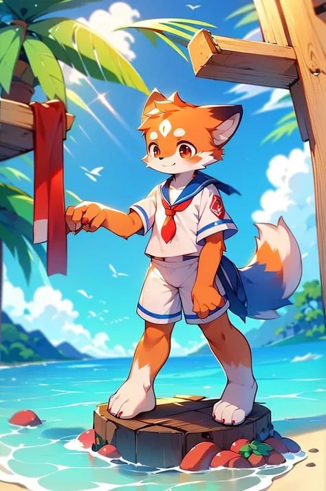 Red Panda Boy,8k resolution,Furry,          Ocean,Sailor uniform,Red collar,Two legs,Stand on your feet！                towering,lanky,lanky,：slim body,：tall