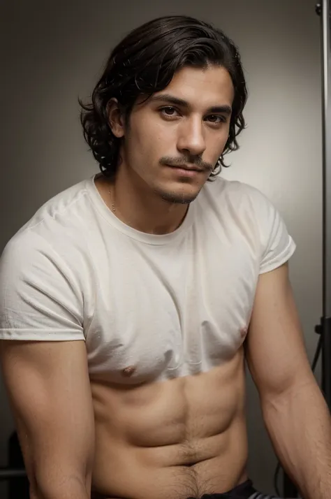 portrait of a very handsome young man with short hair with a blowout type, black curly hair, typical Italian, he has no expression on his face, he does not smile, he has a small goatee and a small mustache the portrait was taken in a photo studio, the back...