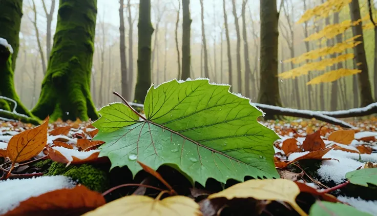 (light green leaves),(winter leaves), (half withered),(Deep woods),magical round leaves leaves falling, snow is falling thinly,nature documentry footage, youtube video screenshot, todays featured photography 4k, autumn rain turkel, nature photography 4k, n...