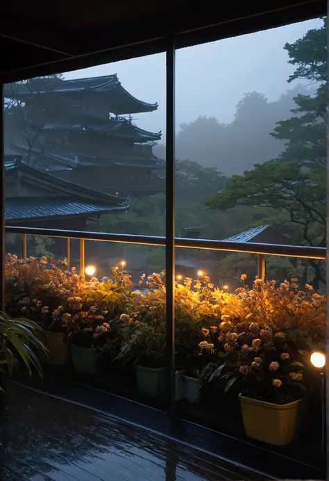 photography, style of Makoto Shinkai studio and Greg Rutkowski, dark. drop, little flowers, atmosphere lights, billboards, fences, wet and winding porcelain ramp, terrace covered with pavement, veranda, ultra detailed glass, bright french window, crowded b...