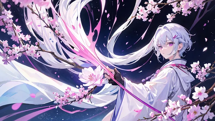 A Chinese boy who has a white hair and holding a sword wearing a white kimono with long long sleeps his kimono has a Persian painting patron and its shiny behind him is a wall its like a rock wall half top of the painting is surrounded by white pink purple...