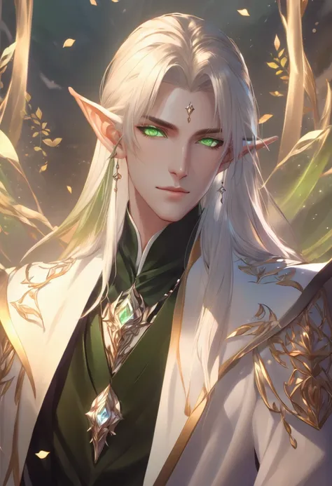 anime - style image of Male Elf with white hair and green eyes, a portrait of Male Elf, Beautiful male elf, Male Elf, Kashmir Art, elven character with smirk, Elf portrait, keqing from Genshin Impact impact, Beautiful androgynous prince, Genshin Impact, A ...