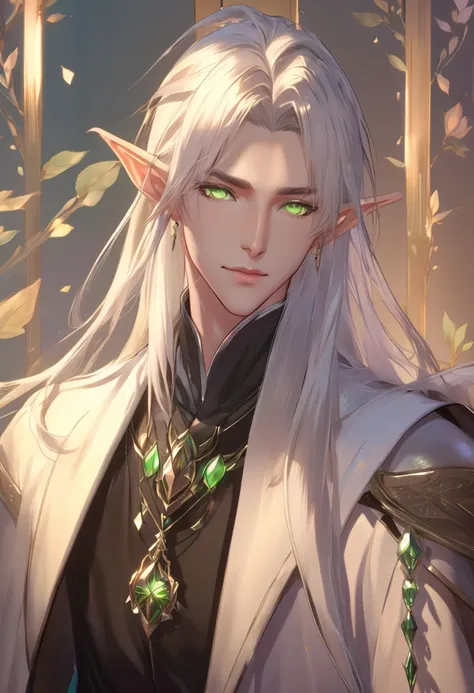 anime - style image of male elf with white hair and green eyes, a portrait of male elf, beautiful male elf, male elf, kashmir ar...