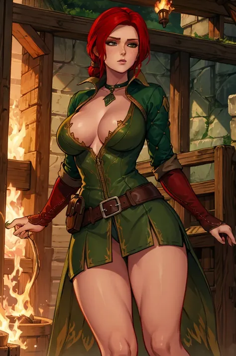 Triss Merigold - Witcher 3, hot sexy red hair girl, big tits, sexy female body, fire magic, thick sexy body, green stockings, green choker, green sexy lingerie