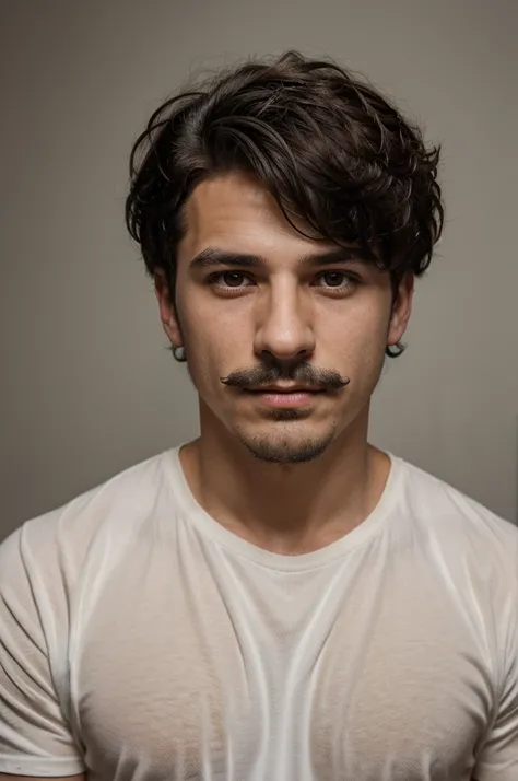 portrait of a very handsome young man with short hair with a blowout type, black curly hair, typical Italian, he has no expression on his face, he does not smile, he has a goatee and a mustache the portrait was taken in a photo studio, the background is en...