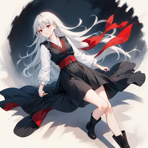 Girl, 20 years old, with long white hair down to below her waist, a serious yet tender expression, and red eyes. Her hair features black streaks. She wears antique-style clothing, a long black dress with a slit on the legs, and high black boots that almost...