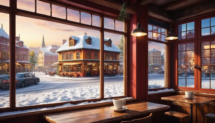 create an image demonstrating the style of ((Global Village Coffeehouse)) style,and snow view outsode the window, hyper realism, 8k high definition, vibrant colors, sharp focus, insanely detailed