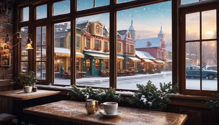 create an image demonstrating the style of ((Global Village Coffeehouse)) style,and snow view outsode the window, hyper realism, 8k high definition, vibrant colors, sharp focus, insanely detailed