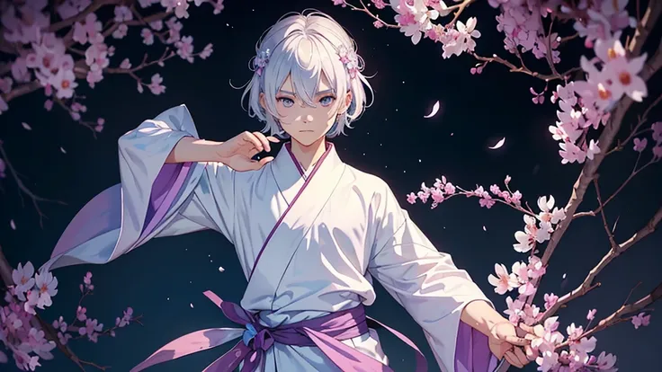 A Chinese boy who has a white hair and holding a sword wearing a white kimono with long long sleeps his kimono has a Persian painting patron and its shiny behind him is a wall its like a rock wall half top of the painting is surrounded by white pink purple...