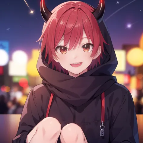 (Highest quality), (masterpiece), 1080P, High resolution, 4K, 8k, boy, Red hair, Red Eye, short hair, devil, black Parker, Focus on the face, Lock, Night Sky, Starry Sky, shooting star, Get Ready, sniper rifle, smile, scarf, devil horns, hood up