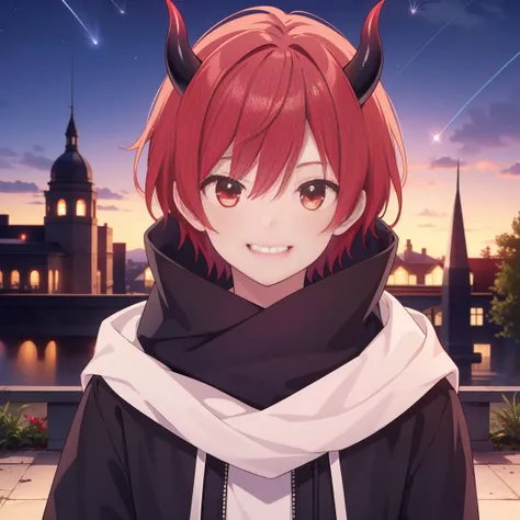 (Highest quality), (masterpiece), 1080P, High resolution, 4K, 8k, boy, Red hair, Red Eye, short hair, devil, black Parker, Focus on the face, Lock, Night Sky, Starry Sky, shooting star, Get Ready, sniper rifle, smile, scarf, devil horns, hood up