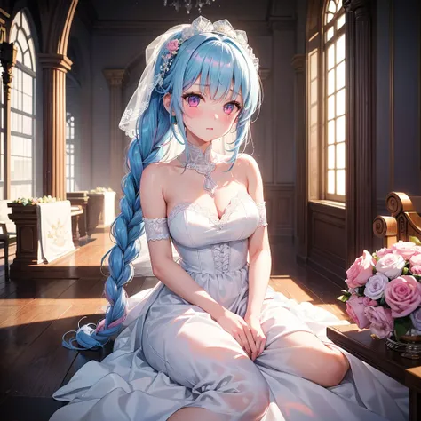 Light Blue Medium Hair, (Braided Hair),(Pink Eyes),Fair skin ,(whole body),(1 girl),bride,blush,Straight bangs, 6月のbride,Wedding dress,(masterpiece, Highest quality, Very detailed, Best Shadow), (Detailed Background), (Beautifully detailed face), High Cont...