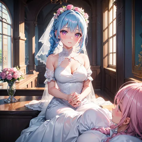 Light Blue Medium Hair, (Braided Hair),(Pink Eyes),Fair skin ,(whole body),(1 girl),bride,blush,Straight bangs, 6月のbride,Wedding dress,(masterpiece, Highest quality, Very detailed, Best Shadow), (Detailed Background), (Beautifully detailed face), High Cont...