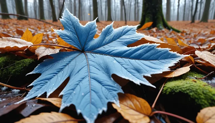 (Light blue gradation leaves),(winter leaves), (half withered),(Deep woods),magical round leaves leaves falling, snow is falling thinly,nature documentry footage, youtube video screenshot, todays featured photography 4k, autumn rain turkel, nature photogra...