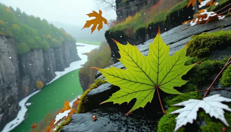 (light green leaves),(winter leaves), (half withered),(on the cliff),magical round leaves leaves falling, snow is falling thinly,nature documentry footage, youtube video screenshot, todays featured photography 4k, autumn rain turkel, nature photography 4k,...