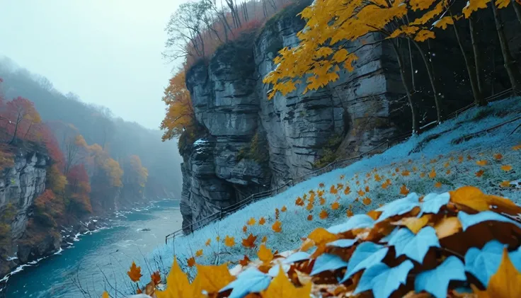 (Light blue gradation leaves),(winter leaves), (half withered),(on the cliff),magical round leaves leaves falling, snow is falling thinly,nature documentry footage, youtube video screenshot, todays featured photography 4k, autumn rain turkel, nature photog...