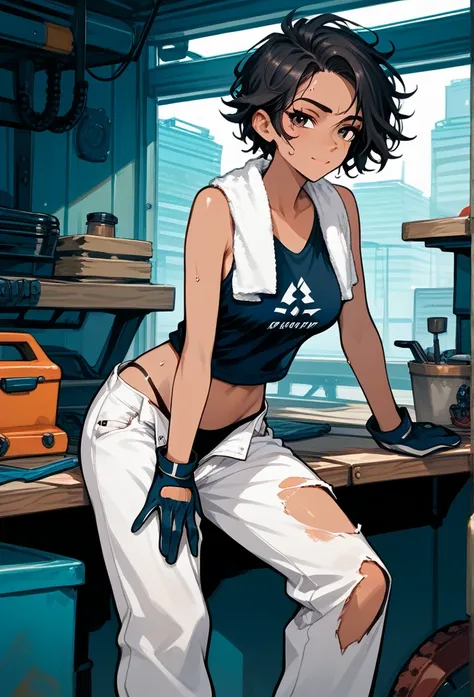 masterpiece, best quality, mature woman, messy hair, black hair, brunette gradient hair color, hot face, (tomboy face), tan skin, mature body, fit body, medium breasts, mechanic gloves, (dirty tank top), stained tank top, midriff, white bandana, mechanic p...