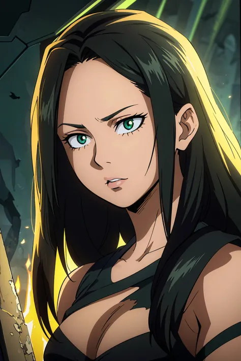 a 50 year old woman, black long hair, green eyes, detailed face, detailed eyes, detailed lips, cinematic lighting, dramatic lighting, my hero academy art style , boku no hero art , oil painting, high quality, masterpiece, extremely detailed, vibrant colors...