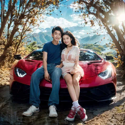 A captivating cinematic portrait of an Asian teen couple sitting in a sleek red sports car, exuding confidence and elegance. The young man dons a blue t-shirt, jeans, and white shoes, while the young woman looks stunning in a white transparent top, mini sk...